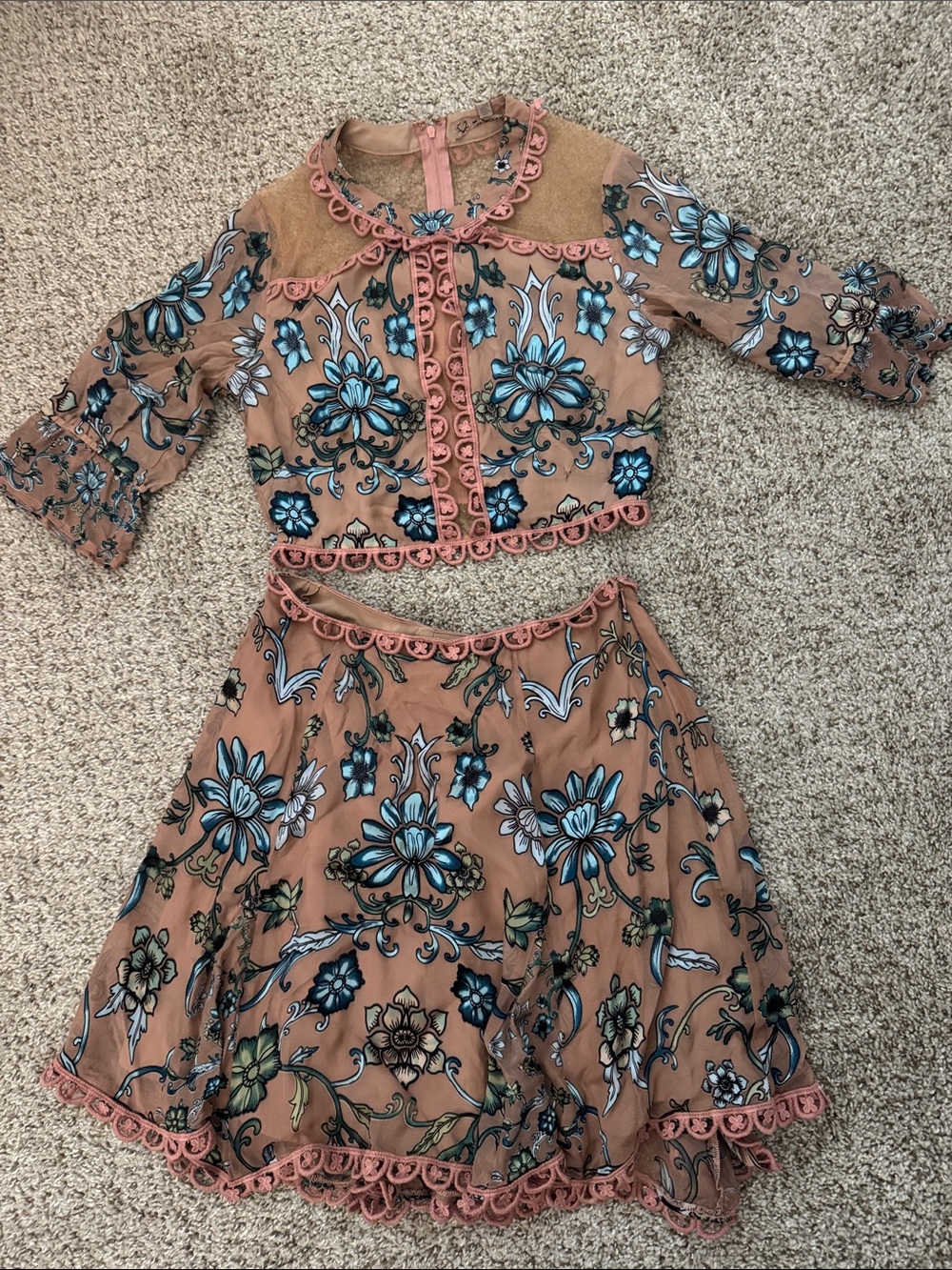 For Love And Lemons Peach Two-Piece Skirt Set with Blue Floral Embroidery